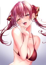Rule 34 | 1girl, :d, bare arms, bare shoulders, bikini, breasts, cleavage, collarbone, gradient background, hair ribbon, half-closed eyes, heterochromia, highres, hololive, houshou marine, houshou marine (summer), index finger raised, long hair, looking at viewer, medium breasts, open mouth, red bikini, red eyes, red hair, ribbon, smile, solo, string bikini, swimsuit, teltelhousi, twintails, upper body, virtual youtuber, yellow eyes