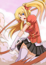 Rule 34 | 1girl, attack, bell, black skirt, blonde hair, blue eyes, eyes visible through hair, gloves, gouxiong, hair bell, hair ornament, hair ribbon, incoming attack, jingle bell, long hair, looking at viewer, miniskirt, motion blur, open mouth, original, parted bangs, pleated skirt, puffy short sleeves, puffy sleeves, red ribbon, red shirt, ribbon, shirt, short sleeves, skirt, smoke, solo, thighhighs, twintails, whip, white gloves, white thighhighs, zettai ryouiki, zhuansun shi (gouxiong)