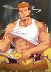 Rule 34 | abs, bara, bare shoulders, beard, blue eyes, bulge, cigar, facial hair, gyee, highres, large pectorals, long sideburns, looking at viewer, male focus, manly, multicolored hair, muscular, nipples, open mouth, orange hair, pants, pectorals, rand (gyee), revealing clothes, sideburns, simple background, sitting, smoking, solo, stubble, sweat, tank top, tattoo, teeth, thick eyebrows, undressing, white tank top, yellow pants, zifu