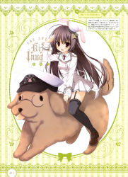 Rule 34 | 1girl, :d, absurdres, animal ears, black hair, black thighhighs, border, brown eyes, dog, garter straps, glasses, hat, highres, inugami kira, long hair, long sleeves, open mouth, peaked cap, rabbit ears, riding, smile, striped, striped background, thighhighs, top hat, uniform