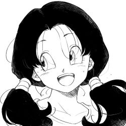 Rule 34 | 1girl, :d, black hair, close-up, commentary request, dragon ball, dragonball z, eyelashes, greyscale, happy, highres, looking away, monochrome, open mouth, shirt, simple background, smile, solo, solo focus, sweatdrop, tkgsize, twintails, upper body, videl, white background, white shirt