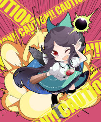 Rule 34 | 1girl, arm cannon, black legwear, black wings, bow, brown hair, cape, caution, chibi, commentary request, control rod, eclipse, explosion, feathered wings, full body, green bow, green skirt, hair bow, hand up, kayama benio, long hair, looking at viewer, one eye closed, open mouth, pink background, red eyes, reiuji utsuho, shirt, short sleeves, skirt, smile, solar eclipse, solo, starry sky print, third eye, touhou, weapon, white shirt, wings