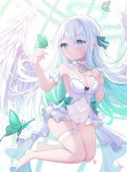 Rule 34 | 1girl, :o, angel, angel wings, babydoll, barefoot, blush, bow, bracelet, breasts, bug, butterfly, cleavage, collar, colored inner hair, commentary request, detached collar, eyelashes, floating, full body, green bow, green butterfly, green eyes, green hair, green ribbon, hair ribbon, halo, hand up, highres, insect, jewelry, lingerie, long hair, looking at animal, medium breasts, mikaze oto, multicolored hair, open mouth, original, panties, petals, ribbon, sidelocks, silver hair, simple background, streaked hair, thigh strap, underwear, white background, white collar, white panties, wings