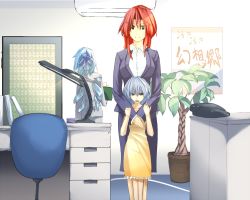 Rule 34 | 3girls, alternate costume, alternate eye color, blue eyes, blue hair, child, cirno, contemporary, formal, from behind, green eyes, hong meiling, hug, hug from behind, izayoi sakuya, long hair, multiple girls, office lady, aged up, red hair, short hair, silver hair, skirt, embodiment of scarlet devil, touhou, translation request, unier, aged down