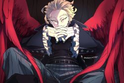 Rule 34 | 1boy, alternate costume, belt, blonde hair, boku no hero academia, elbow rest, european clothes, feathered wings, feet out of frame, fur-trimmed sleeves, fur trim, hawks (boku no hero academia), interlocked fingers, looking at viewer, male focus, own hands together, pants, popo take, red wings, short hair, sitting, smug, solo, spread legs, spread wings, striped clothes, striped pants, wings