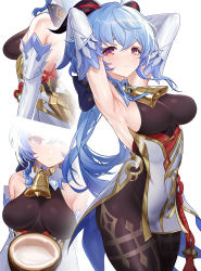 Rule 34 | 1girl, ahoge, armpits, arms behind head, arms up, back bow, bare shoulders, bareback, bell, black pantyhose, blue hair, bow, breasts, closed mouth, coconut, cowbell, curled horns, detached collar, detached sleeves, flower knot, ganyu (genshin impact), genshin impact, hair between eyes, highres, horns, large breasts, leotard, long hair, long sleeves, looking at viewer, multiple views, pantyhose, pelvic curtain, purple eyes, puuy8282, sideboob, sidelocks, standing, tassel