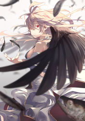 Rule 34 | 1girl, ahoge, bare shoulders, black feathers, breasts, closed mouth, commentary request, dress, falling feathers, feathers, fish, from side, hair between eyes, highres, large breasts, long hair, looking at viewer, looking to the side, original, outstretched hand, platinum blonde hair, re lucy, red eyes, sideboob, skirt, white dress, wings