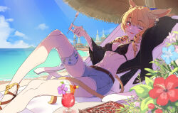 Rule 34 | 1girl, absurdres, arm behind head, beach, beach chair, belt, bikini, black bikini, black jacket, blonde hair, blue flower, blue shorts, blue sky, breasts, cat tail, cloud, cocktail glass, cup, curly hair, drinking glass, feet out of frame, final fantasy, final fantasy xiv, flower, flower in drink, highres, holding, holding spoon, jacket, jewelry, knee up, looking at viewer, miqo&#039;te, navel, necklace, ocean, one eye closed, open clothes, open jacket, open mouth, parasol, pier, plant, potted plant, red eyes, red flower, sandals, shiratama (siratama5656), shorts, sitting, sky, small breasts, smile, solo, spoon, swimsuit, tail, thigh strap, twintails, umbrella, warrior of light (ff14)