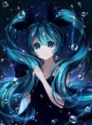 Rule 34 | 1girl, absurdres, air bubble, bare arms, black bow, black dress, blue eyes, blue hair, bow, bubble, collarbone, dress, hair between eyes, hair bow, hatsune miku, highres, long hair, looking at viewer, nichya, parted lips, shadow, shinkai shoujo (vocaloid), smile, solo, submerged, teeth, twintails, underwear, upper body, very long hair, vocaloid
