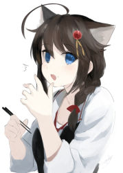 Rule 34 | 1girl, animal ears, blue eyes, braid, brown hair, cat ears, chagen kokimu, chopsticks, commentary request, food, food on face, hair between eyes, hair flaps, hair ornament, hair ribbon, holding, holding chopsticks, kantai collection, long hair, looking at viewer, official alternate costume, one-hour drawing challenge, open mouth, red ribbon, ribbon, shigure (kancolle), shigure kai ni (kancolle), signature, simple background, single braid, solo, upper body, white background