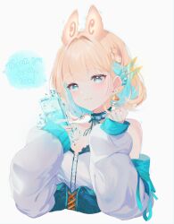 Rule 34 | 1girl, :3, bare shoulders, blonde hair, blue eyes, blue hair, blush, braid, cellphone, colored inner hair, commentary, corset, cropped torso, earrings, english commentary, english text, fumin (kagefumi), hands up, highres, holding, holding phone, indie virtual youtuber, jewelry, kagefumi, long sleeves, making-of available, milestone celebration, multicolored hair, off shoulder, phone, puffy sleeves, side braid, simple background, sleeve cuffs, sleeves past fingers, sleeves past wrists, smartphone, solo, two-tone hair, virtual youtuber, water, white background