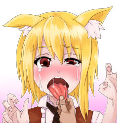 Rule 34 | 1girl, 1other, animal ear fluff, animal ears, asymmetrical hair, black neckwear, blonde hair, blush, brown eyes, brown vest, collared shirt, commentary request, cookie (touhou), crying, crying with eyes open, fox ears, fox girl, hair between eyes, looking at viewer, medium hair, miramikaru riran, necktie, open mouth, pink background, pov, shirt, sidelocks, solo focus, tears, tongue, tongue grab, tongue out, upper body, vest, white shirt, yan pai