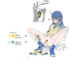 Rule 34 | 1girl, ammunition, anus, bar censor, blue footwear, blue hair, blue shirt, blush, bottomless, bright pupils, censored, character request, coat, collared shirt, full body, girls&#039; frontline, hair ornament, hairpin, huqu, korean text, leaning back, long hair, monitor, object insertion, pussy, pussy juice, red hair, shirt, solo, squatting, vaginal, vaginal object insertion, white coat, x-ray