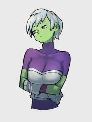 Rule 34 | 1girl, arms under breasts, bodysuit, breasts, cheelai, colored skin, dragon ball, dragon ball super, gloves, green skin, grey background, kemachiku, looking to the side, medium breasts, pink eyes, purple bodysuit, red eyes, short hair, short sleeves, simple background, solo, turtleneck, upper body, white gloves, white hair