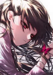 Rule 34 | 1girl, 33 gaff, blouse, brown hair, bug, butterfly, butterfly wings, closed mouth, eyes visible through hair, gradient background, grey background, hair between eyes, houraisan kaguya, insect, insect wings, light, long hair, long sleeves, looking at another, lying, pink eyes, pink shirt, shadow, shirt, solo, touhou, white background, wings