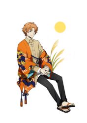Rule 34 | 1boy, bad source, black pants, bungou stray dogs, buttons, collared shirt, fingernails, long sleeves, looking at viewer, male focus, official art, orange hair, pants, sandals, shirt, smile, solo, tanizaki junichirou (bungou stray dogs), toenails, toes, transparent background