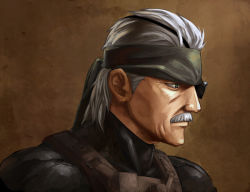 Rule 34 | 1boy, bad id, bad pixiv id, black eyes, eyepatch, facial hair, headband, hinoe (dd works), male focus, manly, metal gear (series), metal gear solid 4: guns of the patriots, mustache, old snake, solid snake, solo, white hair