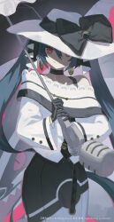 Rule 34 | 1girl, 3pel1, black bow, black gloves, blue hair, bow, commentary, creatures (company), dark miku (project voltage), earrings, game freak, gen 8 pokemon, gloves, hair ribbon, hat, hat bow, hat over one eye, hatsune miku, highres, holding, holding umbrella, jewelry, long hair, long sleeves, looking at viewer, luxury ball, microphone, nintendo, obstagoon, pink background, pink eyes, poke ball, pokemon, pokemon (creature), project voltage, ribbon, simple background, smile, twintails, umbrella, very long hair, vocaloid, white headwear