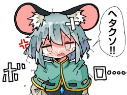 Rule 34 | 1girl, animal ears, bandaged head, bandages, black jacket, blush, capelet, dot nose, dot pupils, green capelet, grey hair, grey shirt, jacket, kasuya baian, long sleeves, looking at viewer, mouse ears, mouse girl, mouse tail, nazrin, red eyes, shirt, short hair, simple background, solo, striped capelet, tail, tears, touhou, translation request, upper body, white background