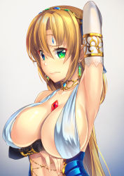 Rule 34 | 1girl, armpits, between breasts, blonde hair, breast hold, breasts, bridal gauntlets, circlet, cleavage, closed mouth, commentary, covered erect nipples, cross-laced clothes, dancer, earrings, forehead, gem, green eyes, hair between eyes, highres, jewelry, large breasts, long hair, looking at viewer, luupechi, original, revealing clothes, simple background, solo, upper body, wavy mouth, white background, yuri (luupechi), ||/
