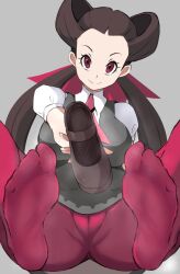 1girl black_hair feet gorgenzolla highres long_hair looking_at_viewer mary_janes pantyhose pokemon pokemon_oras red_eyes red_pantyhose roxanne_(pokemon) shoes single_shoe smile soles steam toes unworn_shoes