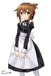 Rule 34 | 10s, 1girl, 2015, :o, alternate costume, apron, apron tug, blush, brown eyes, brown hair, dated, enmaided, folded ponytail, highres, inazuma (kancolle), kantai collection, kuro chairo no neko, long hair, long sleeves, looking to the side, maid, maid apron, makeup, mascara, open mouth, pantyhose, ribbon, simple background, skirt, solo, twitter username, v arms, waist apron, white background, white hair, white pantyhose