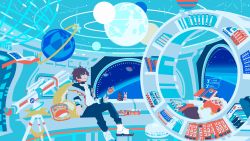 Rule 34 | &gt; &lt;, 1boy, :3, absurdres, amatsuki (utaite), aqua theme, black hair, blinking, book, bookshelf, cancer (constellation), closed mouth, colored tips, constellation, flat color, highres, holding, holding wand, indie utaite, looking up, lying, male focus, masamune (amatsuki), multicolored hair, no lineart, official art, orange hair, orbital path, original, planet, ponsuke kaikai, short hair, sitting, solo, space, space station, spacecraft interior, star wand, stuffed animal, stuffed rabbit, stuffed toy, telescope, utaite, wand, white footwear, window