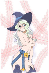 Rule 34 | 10s, 1girl, blonde hair, blue eyes, blush, breasts, convenient censoring, diana cavendish, groin, hat, highres, little witch academia, looking at viewer, navel, nude, sabachiyo land, small breasts, solo, thighhighs, witch, witch hat