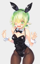 Rule 34 | 1girl, @ @, alternate costume, animal ears, aoi (princess connect!), black bow, black leotard, blunt bangs, blush, bow, bowtie, breasts, covered navel, cowboy shot, detached collar, elf, embarrassed, fake animal ears, fake tail, green hair, grey background, hair over one eye, hands up, highres, kuro work, leotard, looking at viewer, medium breasts, open mouth, pantyhose, playboy bunny, pointy ears, princess connect!, rabbit ears, rabbit tail, short hair, simple background, solo, sweat, tail, wavy mouth, wrist cuffs