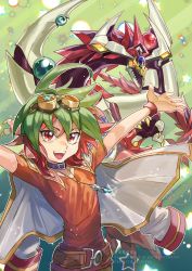Rule 34 | 1boy, :d, ahoge, belt, brown belt, commentary, duel monster, dyed bangs, fushitasu, goggles, goggles on head, green hair, male focus, odd-eyes pendulum dragon, open mouth, orange eyes, orange shirt, outstretched arms, shirt, short hair, short sleeves, smile, teeth, tongue, upper teeth only, watermark, wristband, yu-gi-oh!, yu-gi-oh! arc-v