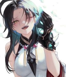 Rule 34 | 1girl, absurdres, ahoge, bead necklace, beads, black gloves, black hair, blue hair, breasts, egk513, genderswap, genderswap (mtf), genshin impact, gloves, hair over one eye, hand up, highres, jewelry, long hair, looking at viewer, medium breasts, multicolored hair, necklace, one eye closed, open mouth, sleeveless, smile, solo, teeth, upper body, xiao (genshin impact), yellow eyes