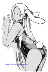 Rule 34 | 1girl, animal ears, ass, boku no hero academia, breasts, competition swimsuit, dark-skinned female, dark skin, eyelashes, from behind, greyscale, grin, highres, long hair, looking at viewer, looking back, mirko, monochrome, nstime23, one-piece swimsuit, rabbit ears, rabbit tail, smile, solo, standing, swimsuit, tail, very long hair