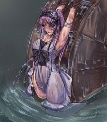 Rule 34 | 1girl, asphyxiation, bdsm, bloomers, blush, bondage, bound, dress, drowning, euryale (fate), fate/grand order, fate (series), hairband, mill, peril, purple eyes, purple hair, restrained, rope, solo, tagme, torture, twintails, underwear, water torture, water wheel, wet, wet clothes, wheel