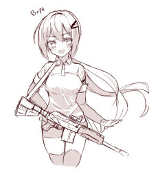 Rule 34 | 1girl, :d, blush, collared shirt, copyright request, cropped legs, gloves, greyscale, gun, hair between eyes, hair ornament, hairclip, head tilt, highres, layered sleeves, long hair, long sleeves, looking at viewer, low ponytail, monochrome, open mouth, ponytail, russian text, saiga-12, shirt, short over long sleeves, short shorts, short sleeves, shorts, shotgun, sidelocks, simple background, sketch, smile, solo, tandohark, thighhighs, translated, very long hair, weapon, weapon request, white background