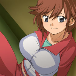 Rule 34 | 1girl, breasts, brown hair, earrings, from above, grey eyes, haruyama kazunori, houin kyouko, jewelry, kodomo no jikan, large breasts, looking up, midriff, short hair, sitting, solo, tight clothes, track suit