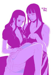 Rule 34 | 1boy, 1girl, book, breasts, center opening, cleavage, collarbone, dual persona, genderswap, genderswap (ftm), hair slicked back, kyuujou emiri, long hair, looking down, monochrome, multiple persona, nico robin, no eyewear, one piece, open book, open clothes, open shirt, pointing, purple theme, revealing clothes, sarong, shirt, short sleeves, simple background, skirt, sleeveless, sleeveless shirt, unzipped, white background, zipper