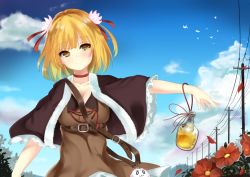 Rule 34 | 1girl, blonde hair, blush, bottle, breasts, brown shirt, capelet, choker, cleavage, closed mouth, day, flower, hair ornament, looking at viewer, medium breasts, mikagemaru (mikage000), original, outdoors, shirt, short hair, smile, solo, upper body, utility pole, yellow eyes