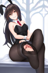 Rule 34 | 1girl, animal ears, bare shoulders, black leotard, black pantyhose, blush, breasts, brown eyes, brown hair, character request, cleavage, commentary request, copyright request, crossed legs, detached collar, fake animal ears, feet, foot focus, highres, leotard, long hair, looking at viewer, medium breasts, necktie, nekoda (maoda), no shoes, pantyhose, parted lips, playboy bunny, rabbit ears, red necktie, side-tie leotard, sitting, smile, soles, solo, strapless, strapless leotard, thighband pantyhose, toes, torn clothes, torn pantyhose, wrist cuffs