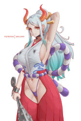 Rule 34 | 1girl, absurdres, aqua hair, arm up, armpits, bikini, breasts, choker, collarbone, cowboy shot, earrings, gradient hair, grey hair, hair ornament, hair stick, heart, heart choker, highres, holding, holding weapon, hoop earrings, horns, japanese clothes, jewelry, large breasts, long hair, looking at viewer, melowh, multicolored hair, navel, one piece, oni, oni horns, patreon username, ponytail, red eyes, sideboob, sidelocks, simple background, skindentation, smile, solo, stomach, striped bikini, striped clothes, swimsuit, weapon, white background, yamato (one piece)