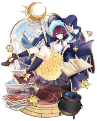 Rule 34 | 1girl, absurdres, blue cape, book, book stack, bookshelf, boots, breasts, cape, carpet, cauldron, closed mouth, crescent, crescent wand, diamond (shape), expressionless, fenghu (huli), frilled skirt, frilled socks, frills, grimoire, hat, high heel boots, high heels, highres, holding, holding book, holding wand, kneehighs, looking at viewer, open book, original, polyhedron, pyramid (geometry), red hair, shirt, short hair, sigil, simple background, single bare shoulder, skirt, small breasts, socks, solo, sparkle, wand, white background, white shirt, window, witch, witch hat, yellow eyes, yellow skirt