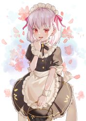 Rule 34 | 1girl, :d, absurdres, apron, back bow, black dress, black ribbon, bolo tie, bow, bucket, collar, commentary request, cowboy shot, dress, duster, fate/grand order, fate/grand order arcade, fate (series), feather duster, frilled collar, frilled sleeves, frills, hair ribbon, hand to own mouth, hand up, highres, holding, holding bucket, kama (fate), kama (mistake) (fate), looking at viewer, maid, maid apron, maid headdress, medium hair, neck ribbon, noneko127, open mouth, pink hair, pink petals, pink ribbon, puffy short sleeves, puffy sleeves, red eyes, ribbon, short sleeves, simple background, smile, solo, waist apron, white apron, white bow, white wrist cuffs, wrist cuffs