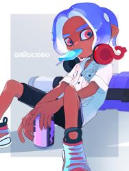 Rule 34 | .96 gal (splatoon), 1boy, bike shorts, border, can, collared shirt, dark-skinned male, dark skin, drink can, food, food in mouth, headphones, headphones around neck, highres, holding, holding can, leaning on weapon, looking to the side, male focus, medium hair, mominoki 16, mouth hold, nintendo, octoling, octoling boy, octoling player character, outside border, popsicle, popsicle in mouth, purple hair, red eyes, red headphones, shirt, shorts, sitting, solo, splatoon (series), splatoon 3, suction cups, tentacle hair, white border, white shirt