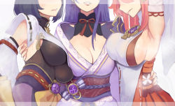 3girls arm_up armpits bad_id bad_pixiv_id bare_shoulders black_hair breast_press breasts close-up detached_sleeves genshin_impact head_out_of_frame japanese_clothes kimono kujou_sara large_breasts long_hair miko multiple_girls parted_lips pink_hair purple_hair raiden_shogun red_ribbon ribbon short_hair sideboob sleeveless sukoyaka93 upper_body vambraces vision_(genshin_impact) yae_miko