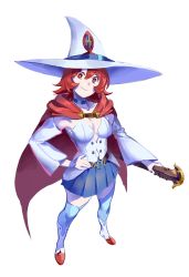 Rule 34 | 1girl, blue skirt, blue thighhighs, bright pupils, cape, choker, closed mouth, detached sleeves, full body, hand on own hip, hat, highres, holding, little witch academia, long sleeves, looking at viewer, pleated skirt, red cape, red eyes, red hair, ruukii drift, shiny chariot, simple background, skirt, smile, solo, standing, thighhighs, vest, wand, white background, white hat, witch hat