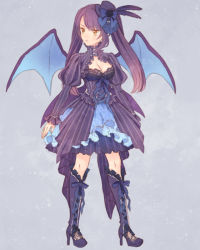 Rule 34 | 1girl, arms at sides, bat wings, black hat, boots, bow, breasts, cleavage, creatures (company), crobat, dress, full body, game freak, gen 2 pokemon, grey background, hat, hat bow, hat feather, high heel boots, high heels, looking to the side, moe (hamhamham), nintendo, personification, pokemon, puffy sleeves, purple dress, purple footwear, purple hair, solo, standing, striped clothes, striped dress, wings, yellow eyes