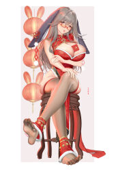 Rule 34 | 1girl, animal ears, au11, bare shoulders, between breasts, black thighhighs, blush, breasts, china dress, chinese clothes, chinese new year, chinese zodiac, cleavage, crossed legs, dress, fake animal ears, feet, full body, glasses, grey hair, highres, huge breasts, legs, long hair, looking at viewer, new year, no shoes, original, purple eyes, rabbit, rabbit ears, rabbit girl, red dress, sitting, soles, solo, spread toes, thighhighs, toes, tongue, tongue out, year of the rabbit