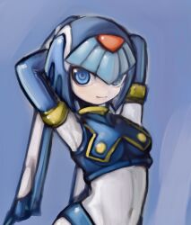 Rule 34 | 1girl, :|, android, armpits, arms behind head, arms up, blue background, blue eyes, breasts, closed mouth, covered navel, helmet, highres, fairy leviathan (mega man), looking at viewer, medium breasts, mega man (series), mega man x (series), mega man x dive, mega man zero (series), robot, robot girl, solo, tanewiii, upper body