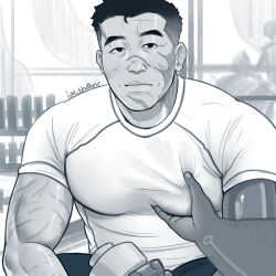 Rule 34 | 2boys, asian, bara, compression shirt, facial scar, fallen hero, grabbing, greyscale, highres, holding dumbbell, ianthedebonair, large pectorals, looking at viewer, meme, monochrome, multiple boys, multiple scars, muscular, muscular male, pectoral grab, pectorals, pov, pov hands, ricardo ortega, scar, scar on cheek, scar on face, shirt, short hair, t-shirt, the masculine urge to (meme), thick eyebrows, wide-eyed, wrinkled skin, yaoi