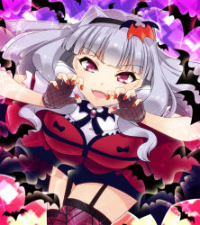 Rule 34 | 1girl, bat (animal), breasts, claw pose, dress, fangs, fingerless gloves, garter straps, gloves, hair ornament, hairband, idolmaster, idolmaster (classic), kanraku, large breasts, long hair, my dear vampire, nail polish, open mouth, red eyes, shijou takane, silver hair, smile, solo, spider web print, thighhighs