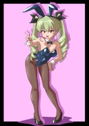 Rule 34 | 1girl, absurdres, anchovy (girls und panzer), animal ear hairband, animal ears, black border, black footwear, black pantyhose, black ribbon, blue bow, blue bowtie, blue leotard, border, bow, bowtie, breasts, commentary request, commission, detached collar, drill hair, drops mint, fake animal ears, fang, fishnet pantyhose, fishnets, full body, girls und panzer, green hair, hair ribbon, hand on own hip, high heels, highres, leaning forward, leotard, long hair, looking at viewer, medium breasts, open mouth, pantyhose, partial commentary, playboy bunny, purple background, rabbit ear hairband, rabbit ears, red eyes, ribbon, shadow, skeb commission, smile, solo, standing, strapless, strapless leotard, twin drills, twintails, wing collar, wrist cuffs